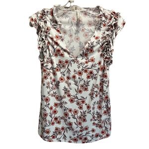 Per Seption Floral White/Orange V Neck Size M Short Cap Sleeve‎ Ruffles